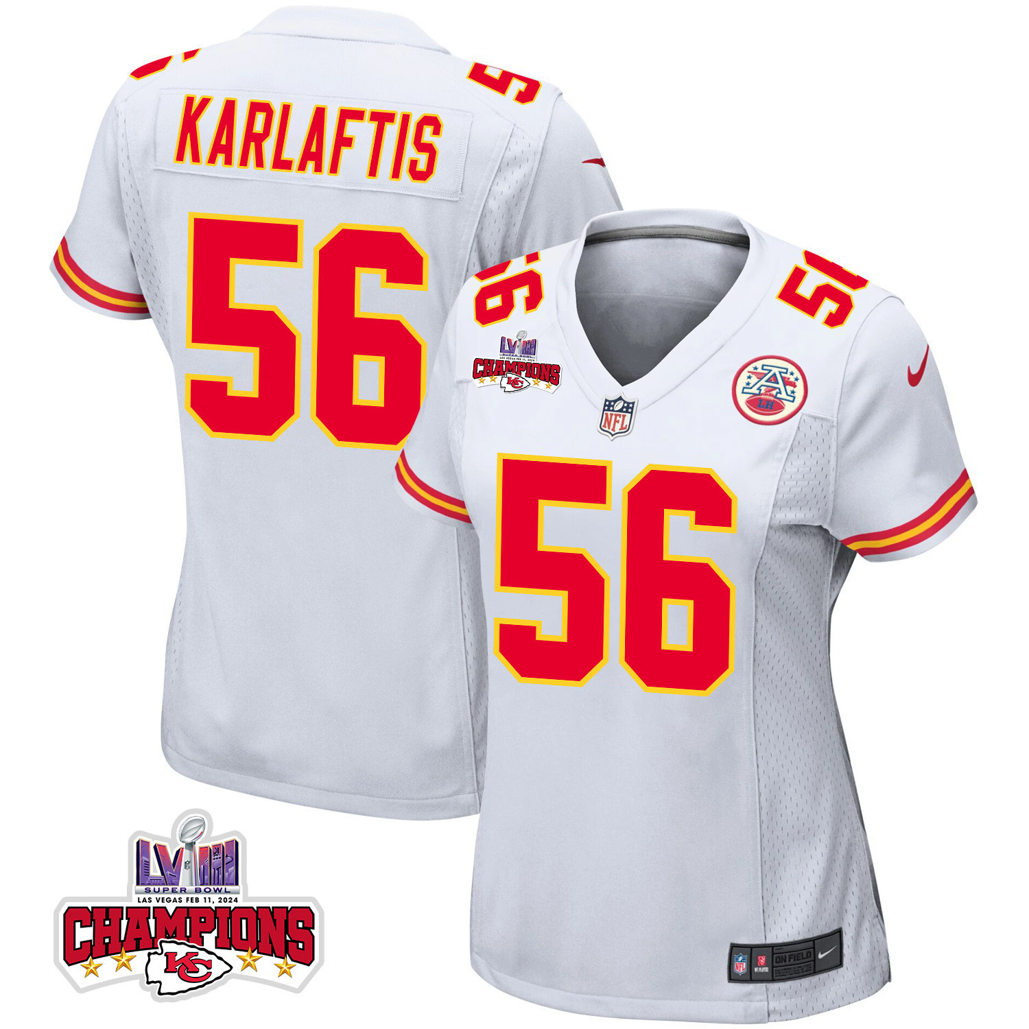 George Karlaftis #56 Kansas City Chiefs Super Bowl LVIII Champions 4 Stars Patch Game Jersey - Women's | White
