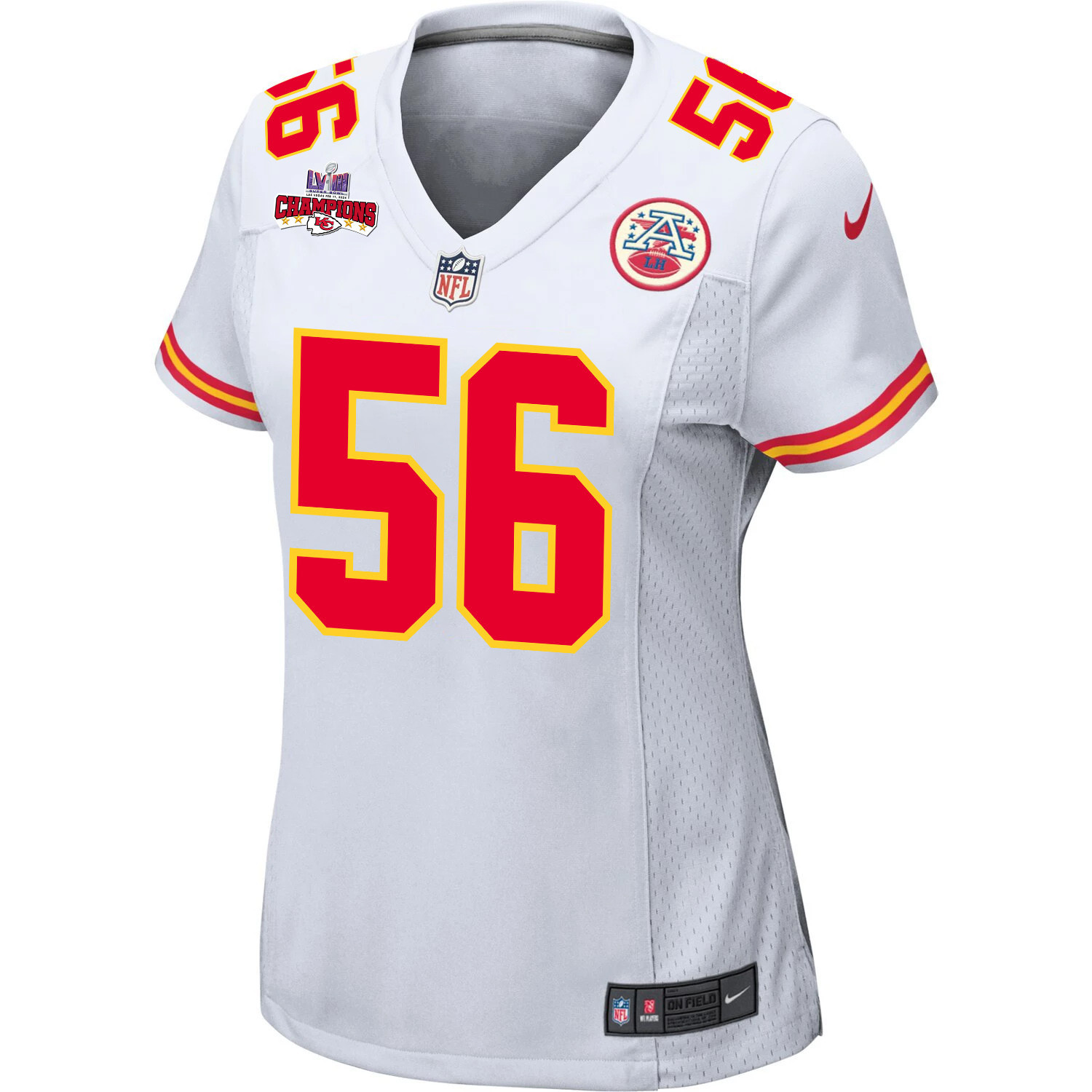Alternative view of George Karlaftis #56 Kansas City Chiefs Super Bowl LVIII Champions 4 Stars Patch Game Jersey - Women's | White