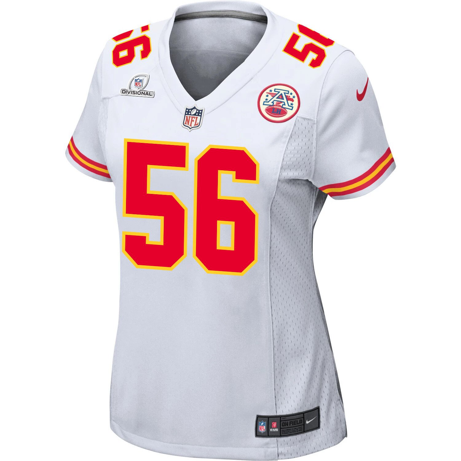 Alternative view of George Karlaftis #56 Kansas City Chiefs Super Bowl LVIII Patch Game Jersey - Women's | White