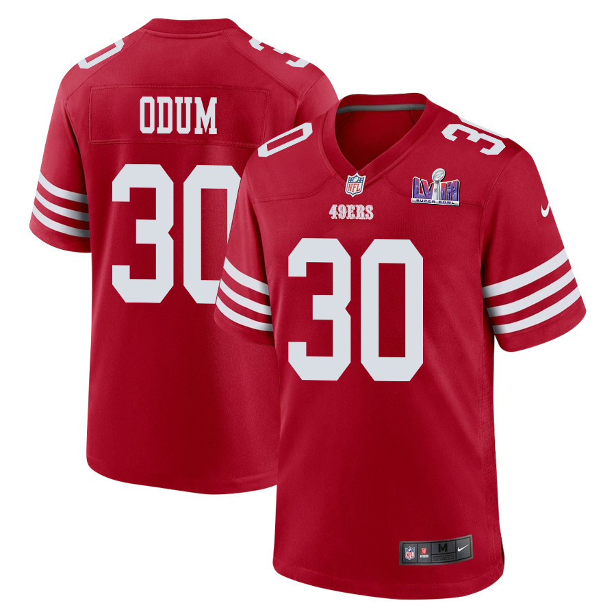 George Odum #30 San Francisco 49ers Super Bowl LVIII Patch Game Jersey - Men's | Scarlet