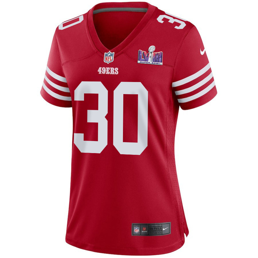 Alternative view of George Odum #30 San Francisco 49ers Super Bowl LVIII Patch Game Jersey - Women's | Scarlet