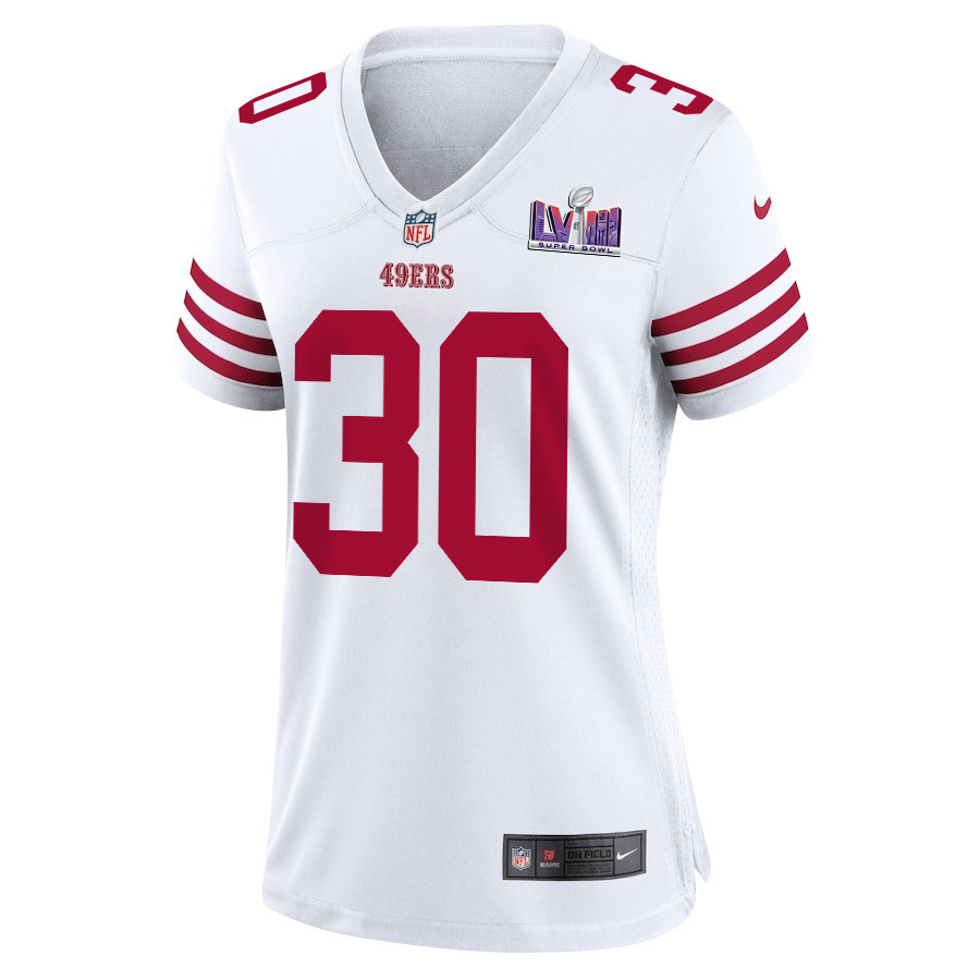 Alternative view of George Odum #30 San Francisco 49ers Super Bowl LVIII Patch Game Jersey - Women's | White
