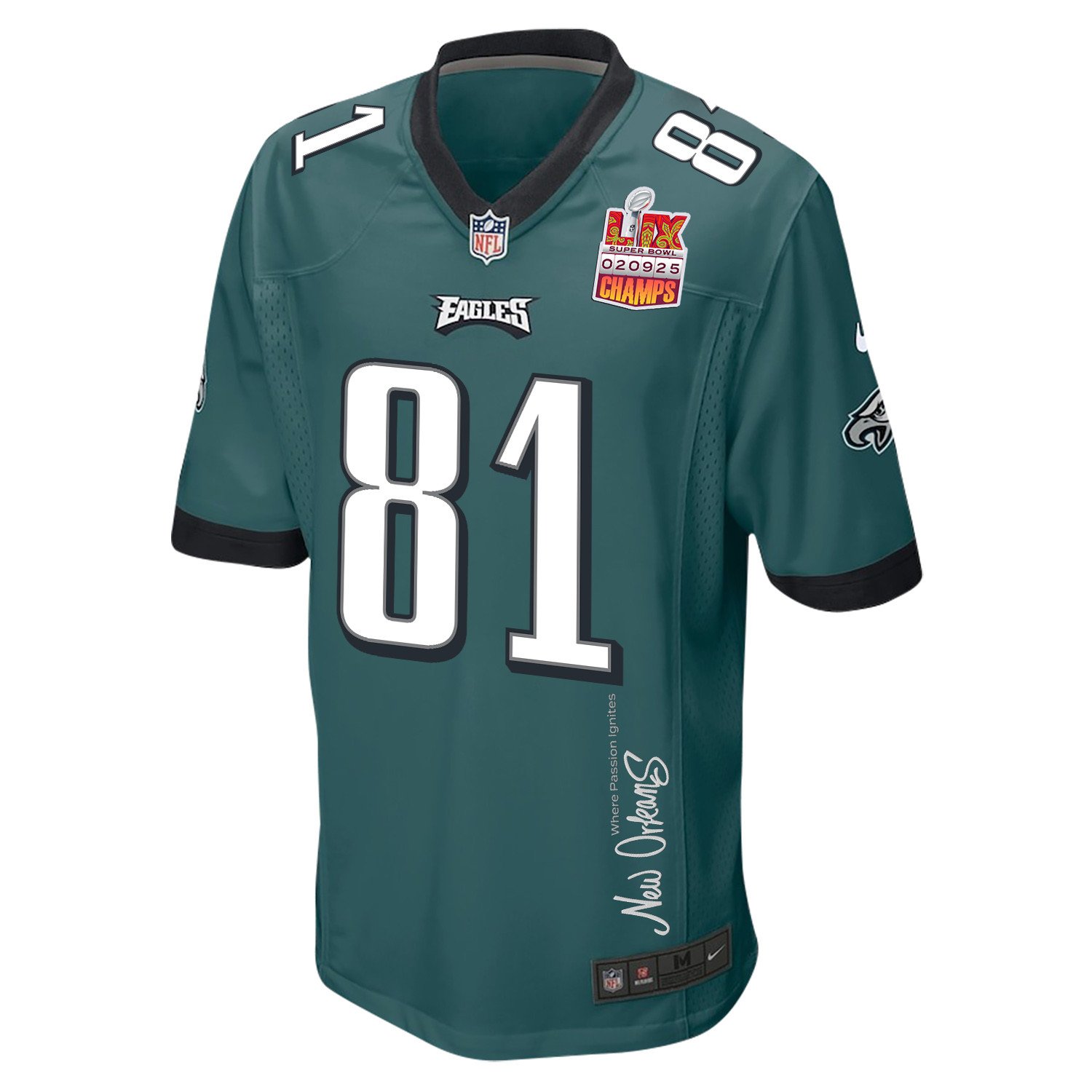 Grant Calcaterra #81 Philadelphia Eagles Super Bowl LIX Champions Patch Game Jersey - Men's | Midnight Green - Image 3