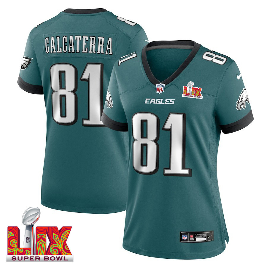 Grant Calcaterra #81 Philadelphia Eagles Super Bowl LIX Game Jersey - Women's | Midnight Green