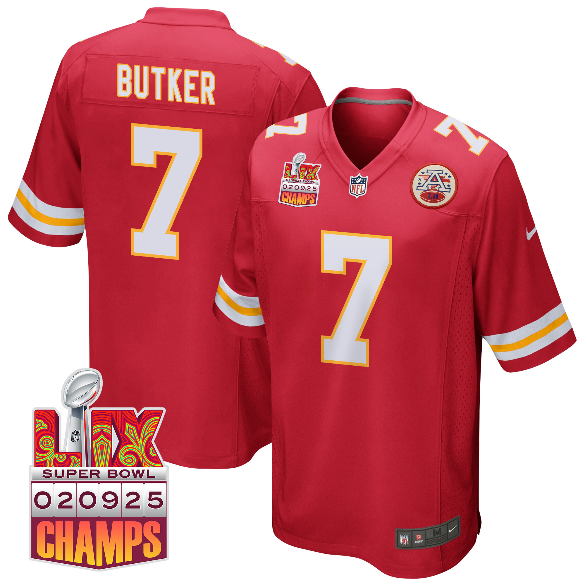 Harrison Butker #7 Kansas City Chiefs Super Bowl LIX Champions Patch Game Jersey - Men's | Red