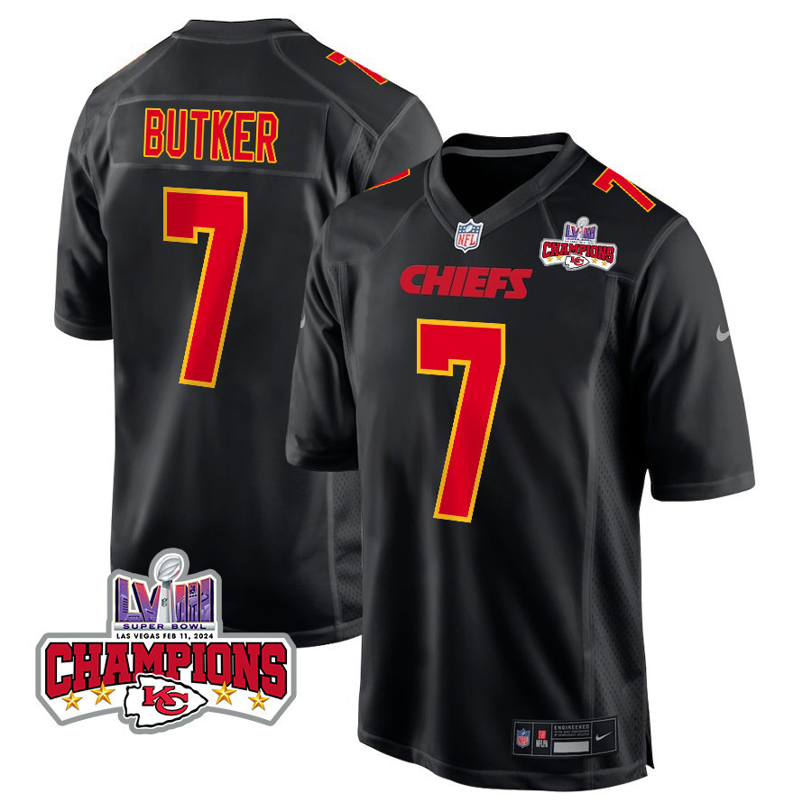 Harrison Butker #7 Kansas City Chiefs Super Bowl LVIII Champions 4 Stars Patch Game Jersey - Men's | Carbon Black