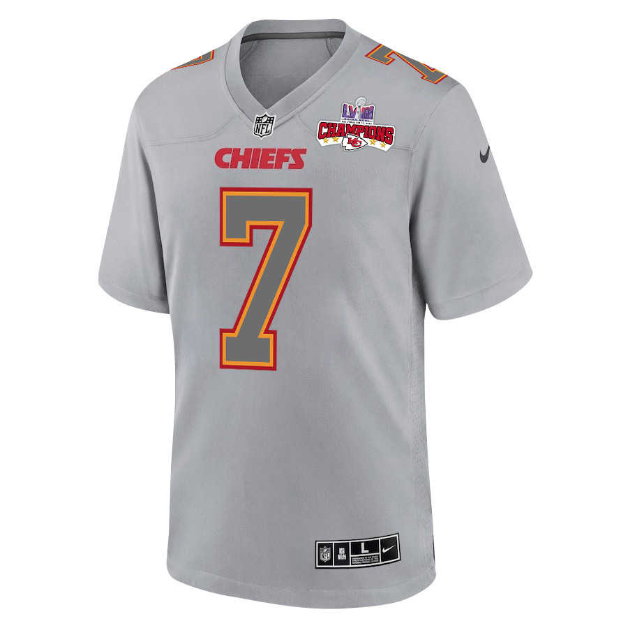 Alternative view of Harrison Butker #7 Kansas City Chiefs Super Bowl LVIII Champions 4 Stars Patch Game Jersey - Men's | Gray