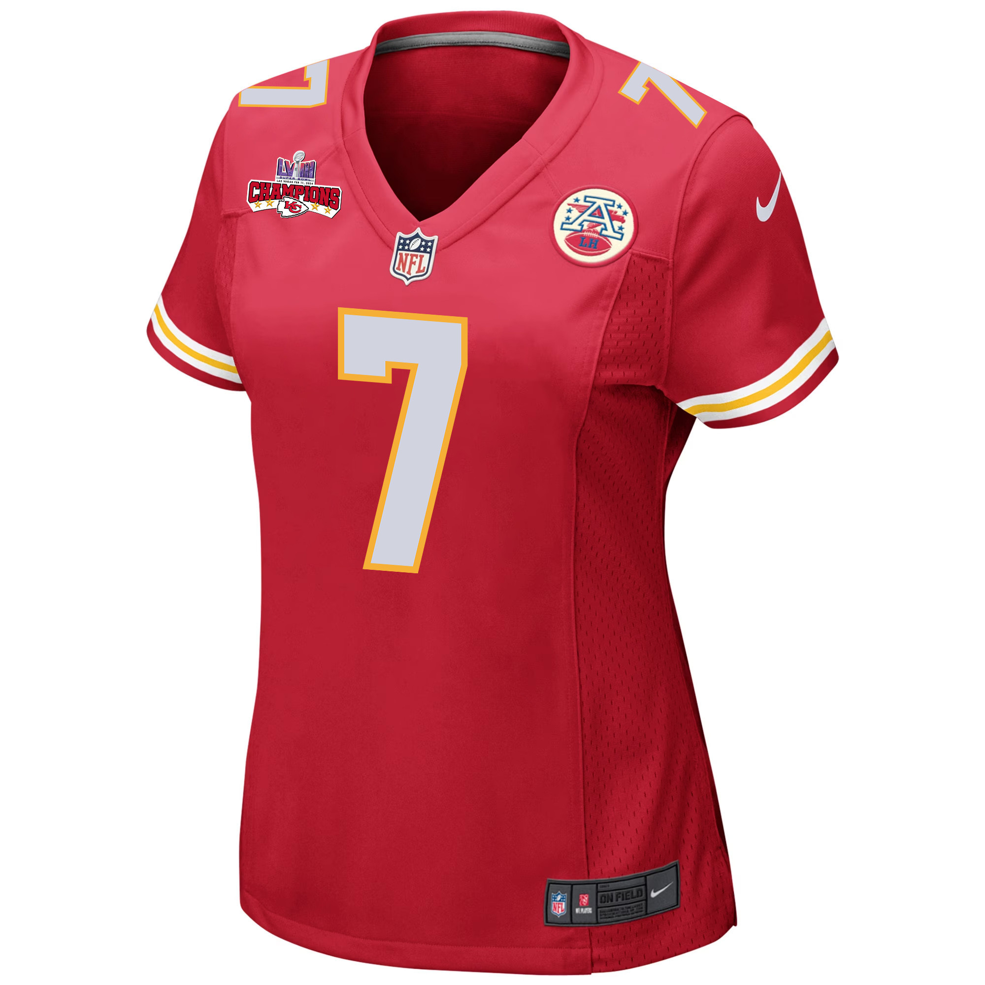 Alternative view of Harrison Butker #7 Kansas City Chiefs Super Bowl LVIII Champions 4 Stars Patch Game Jersey - Women's | Red