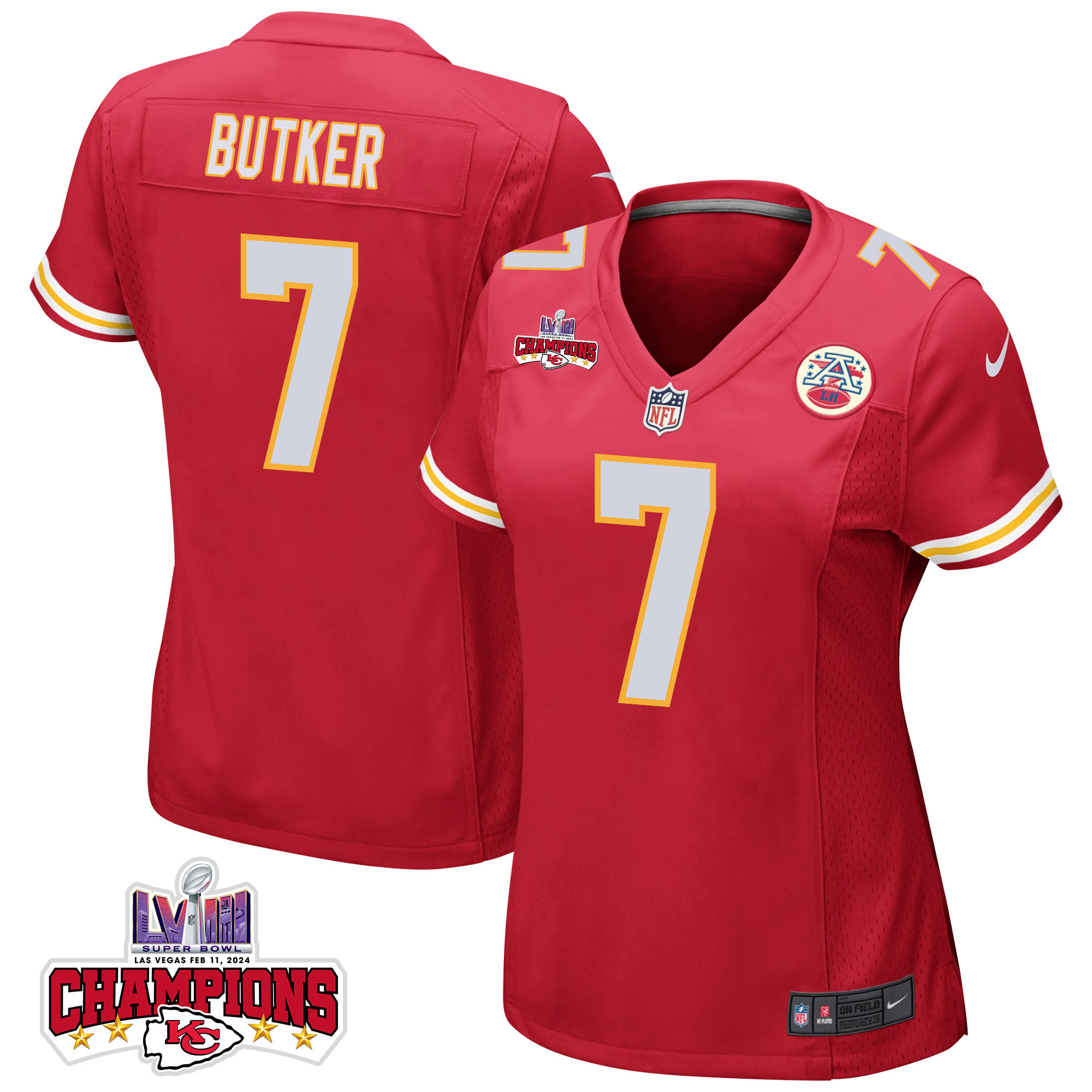Harrison Butker #7 Kansas City Chiefs Super Bowl LVIII Champions 4 Stars Patch Game Jersey - Women's | Red