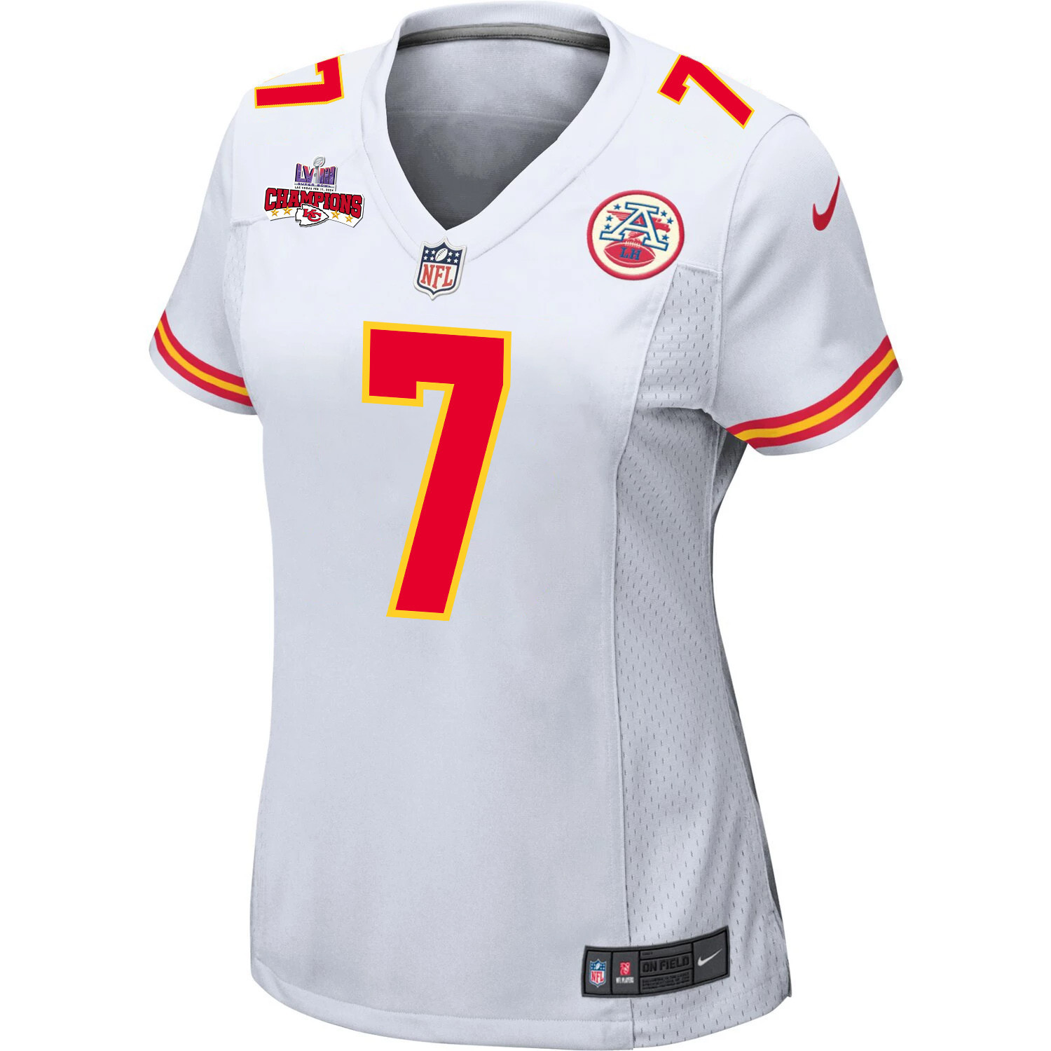 Alternative view of Harrison Butker #7 Kansas City Chiefs Super Bowl LVIII Champions 4 Stars Patch Game Jersey - Women's | White