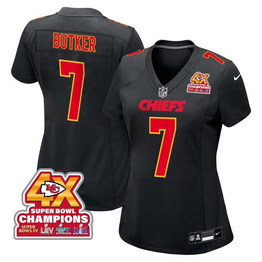 Harrison Butker #7 Kansas City Chiefs Super Bowl LVIII Champions 4X Game Jersey - Women's | Carbon Black