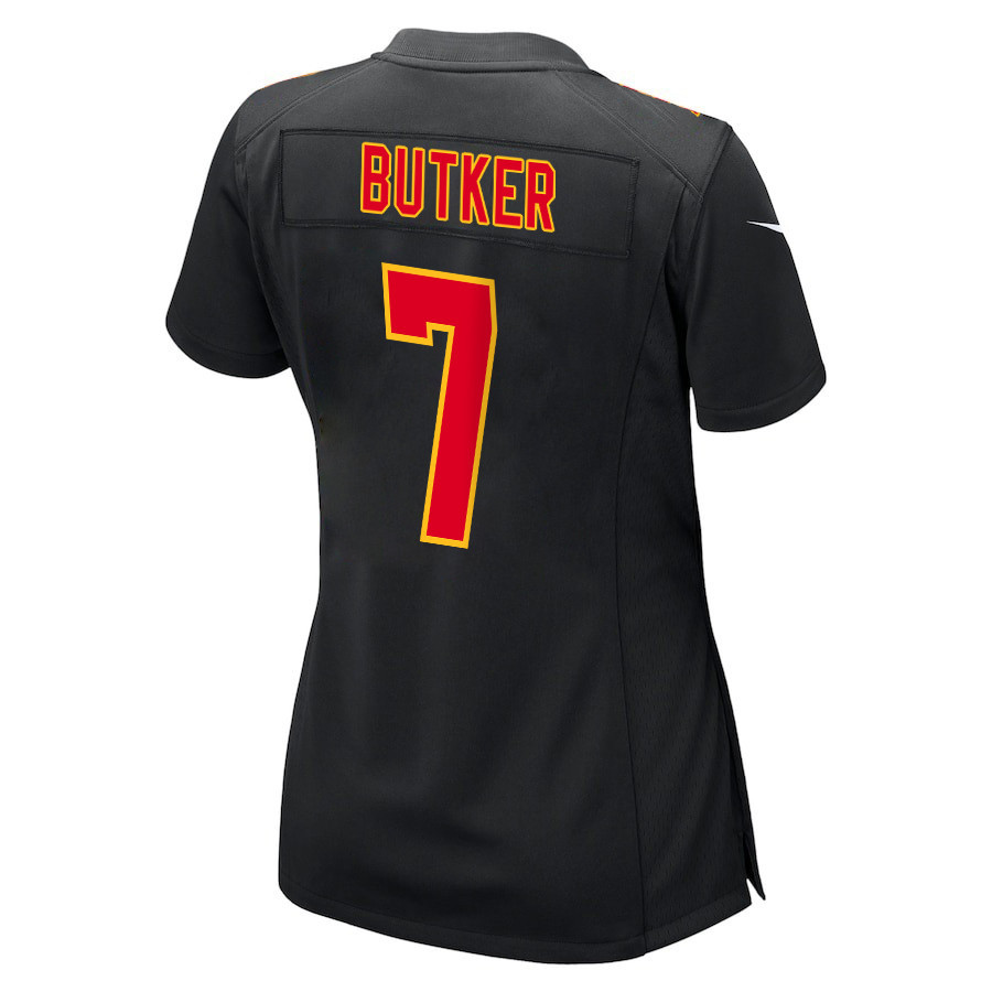 Harrison Butker #7 Kansas City Chiefs Super Bowl LVIII Champions 4X Game Jersey - Women's | Carbon Black - Image 3