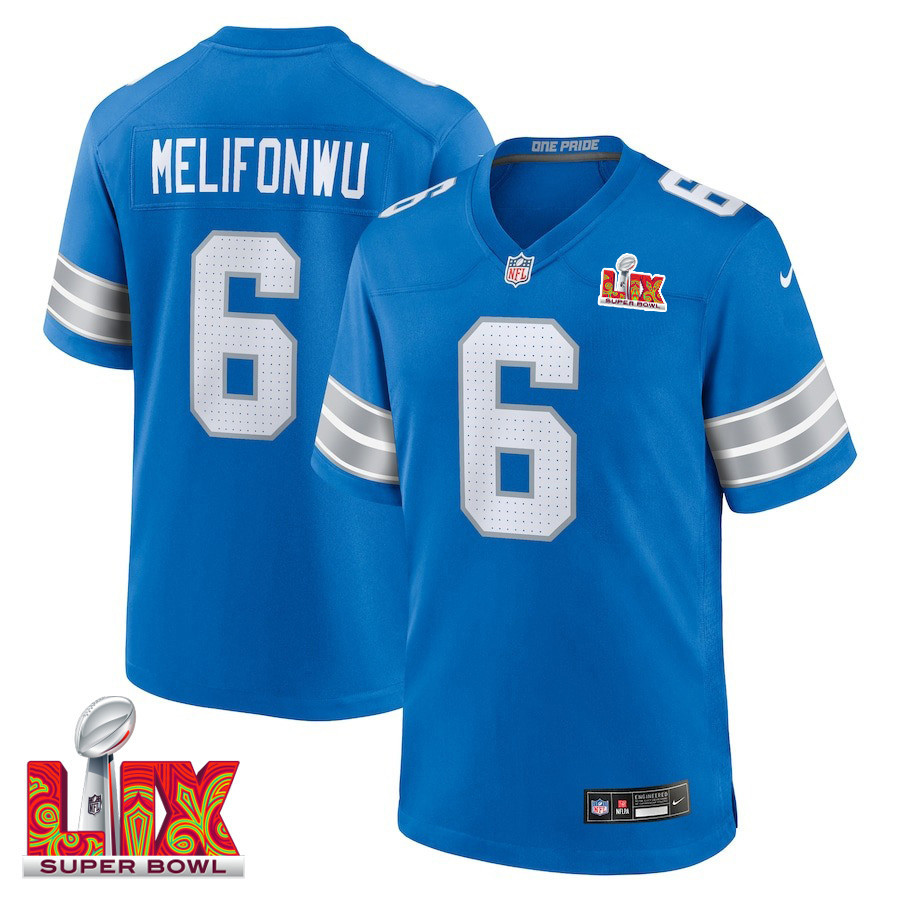 Ifeatu Melifonwu #6 Detroit Lions Super Bowl LIX Game Jersey - Men's | Blue