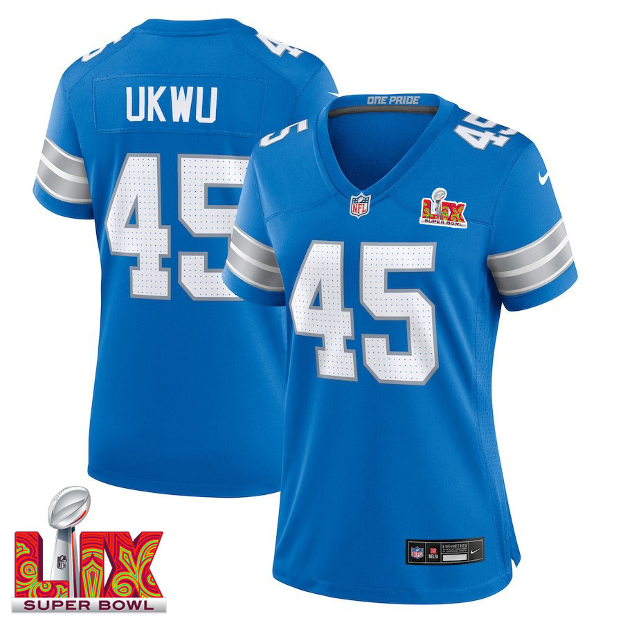 Isaac Ukwu #45 Detroit Lions Super Bowl LIX Game Jersey - Women's | Blue
