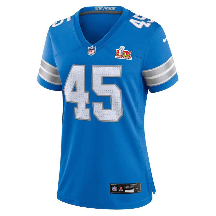 Alternative view of Isaac Ukwu #45 Detroit Lions Super Bowl LIX Game Jersey - Women's | Blue