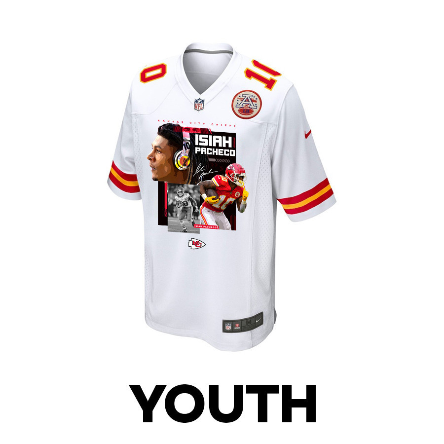 Alternative view of Isiah Pacheco #10 Kansas City Chiefs Game Jersey - Youth | White