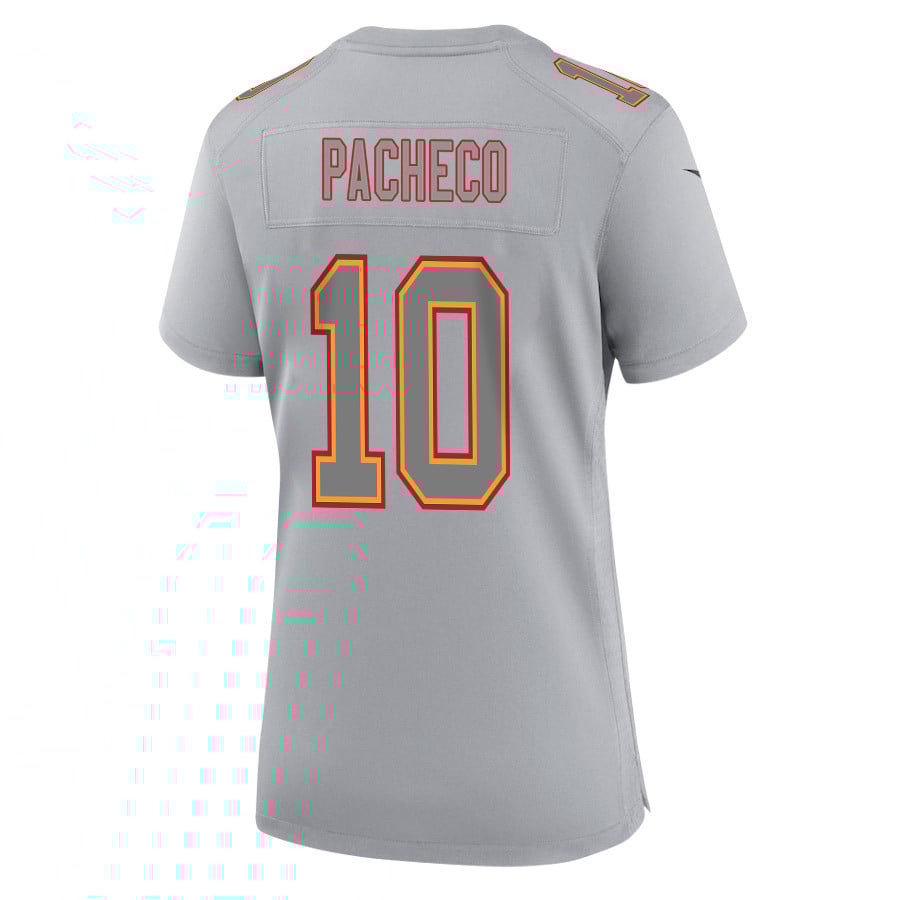 Isiah Pacheco #10 Kansas City Chiefs Super Bowl LVIII Champions 4 Stars Patch Game Jersey - Women's | Gray - Image 3