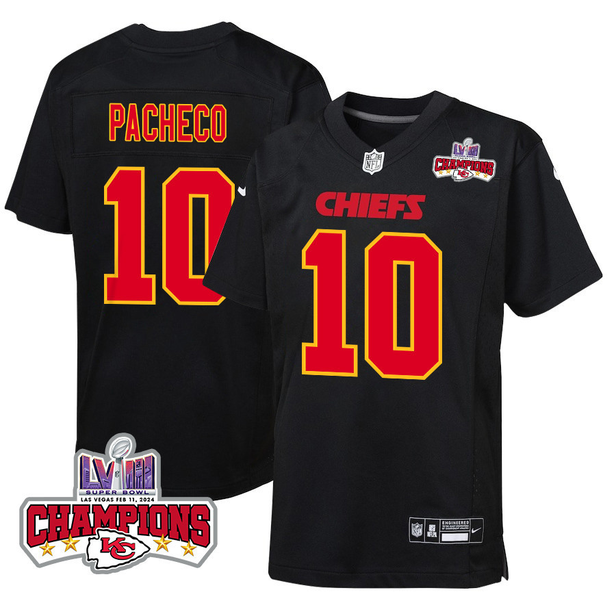Isiah Pacheco #10 Kansas City Chiefs Super Bowl LVIII Champions 4 Stars Patch Game Jersey - Youth | Carbon Black
