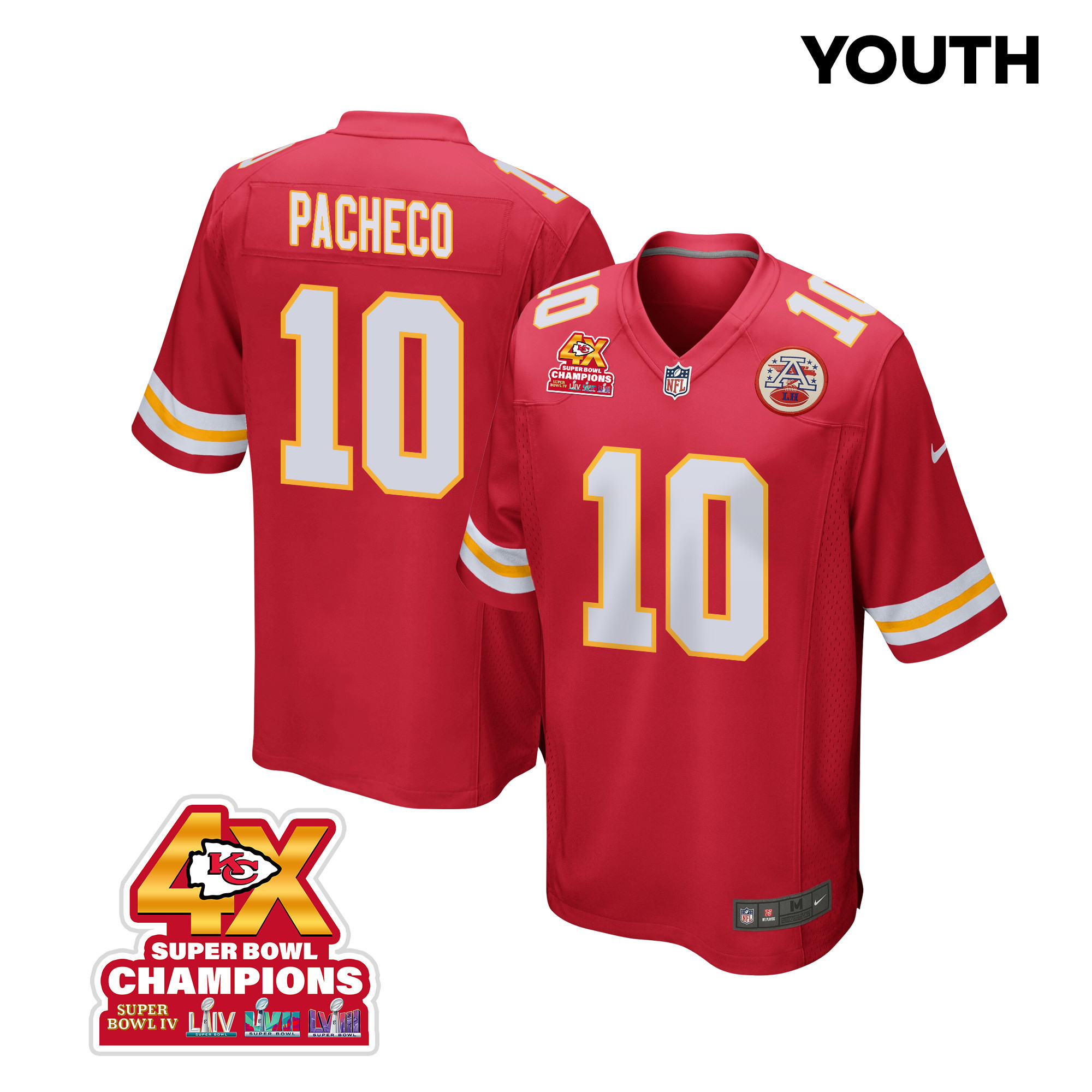 Isiah Pacheco #10 Kansas City Chiefs Super Bowl LVIII Champions 4X Game Jersey - Youth | Red