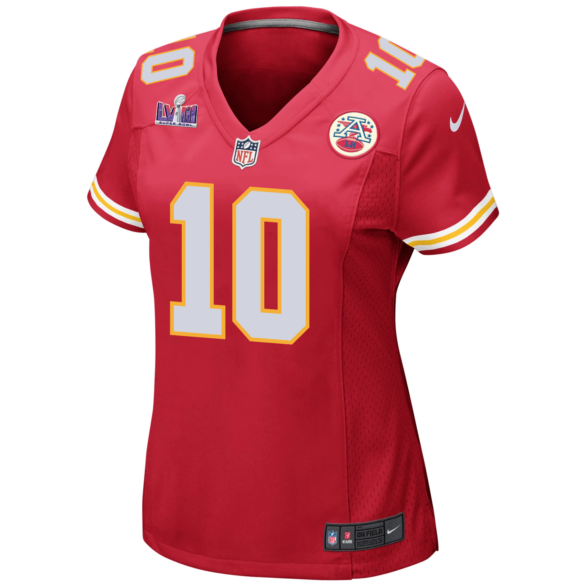 Alternative view of Isiah Pacheco #10 Kansas City Chiefs Super Bowl LVIII Patch Game Jersey - Women's | Red