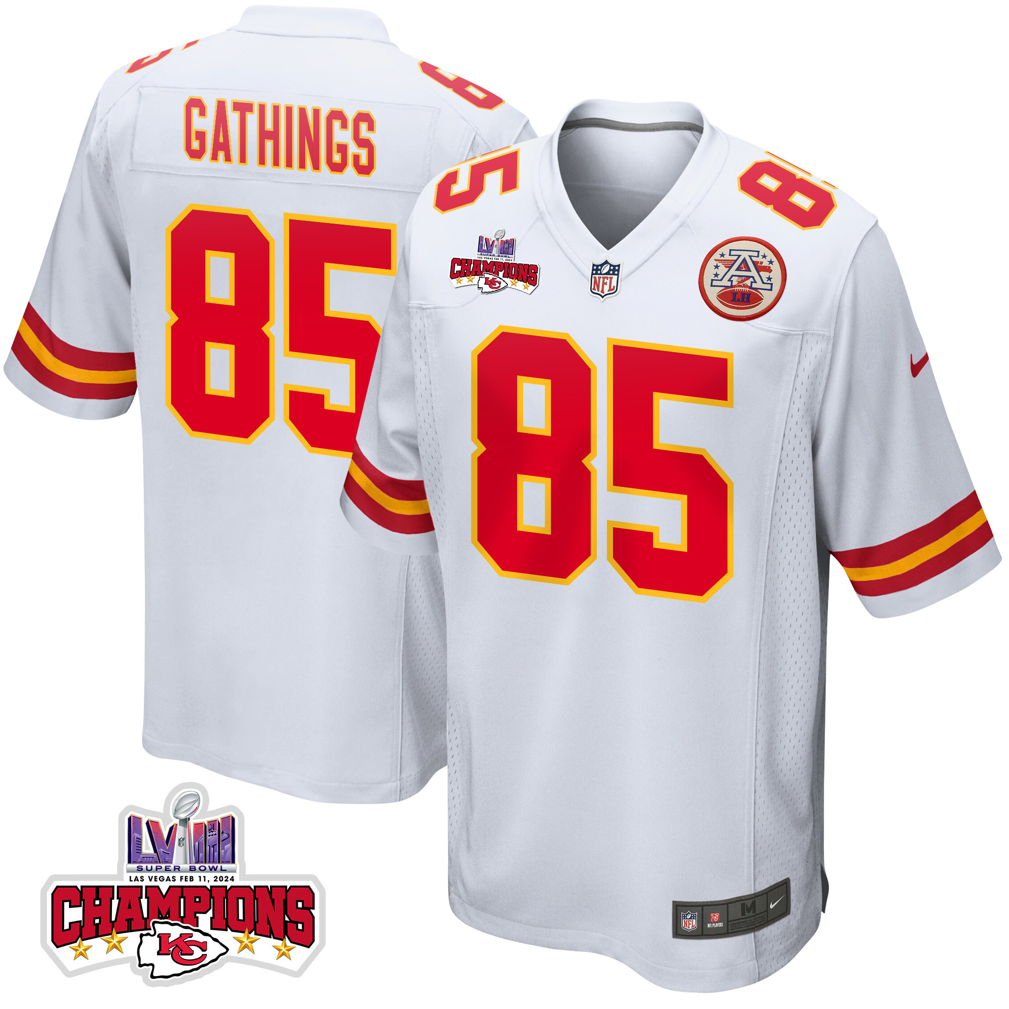 Izaiah Gathings #85 Kansas City Chiefs Super Bowl LVIII Champions 4 Stars Patch Game Jersey - Men's | White