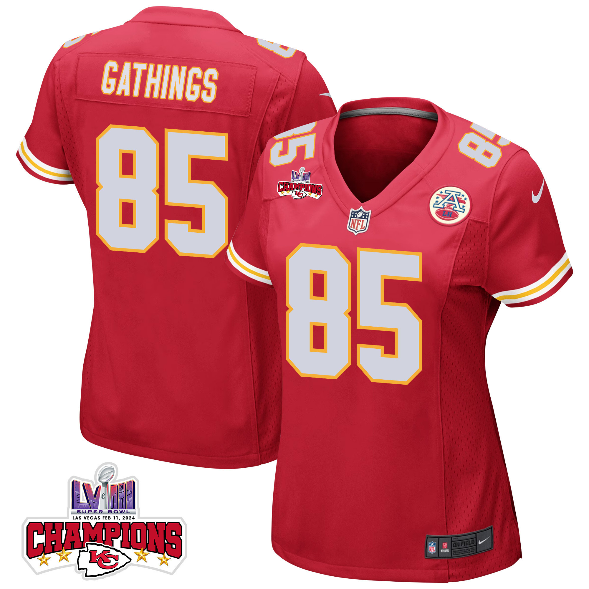 Izaiah Gathings #85 Kansas City Chiefs Super Bowl LVIII Champions 4 Stars Patch Game Jersey - Women's | Red