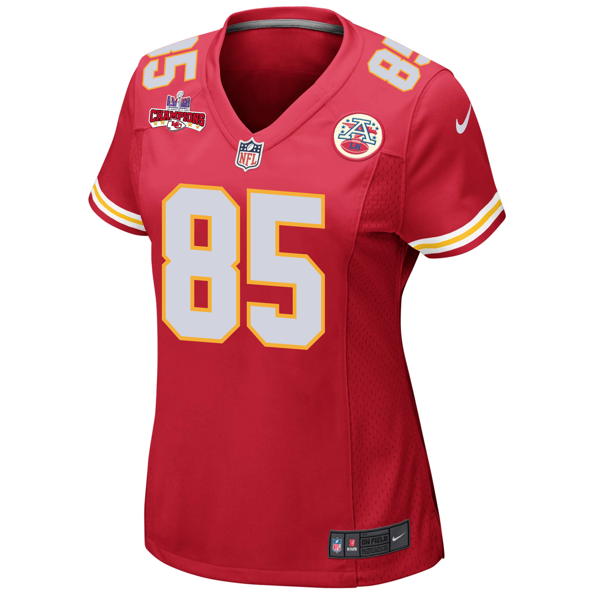 Alternative view of Izaiah Gathings #85 Kansas City Chiefs Super Bowl LVIII Champions 4 Stars Patch Game Jersey - Women's | Red