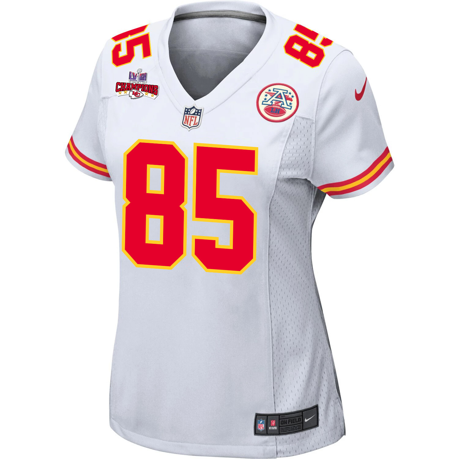 Alternative view of Izaiah Gathings #85 Kansas City Chiefs Super Bowl LVIII Champions 4 Stars Patch Game Jersey - Women's | White
