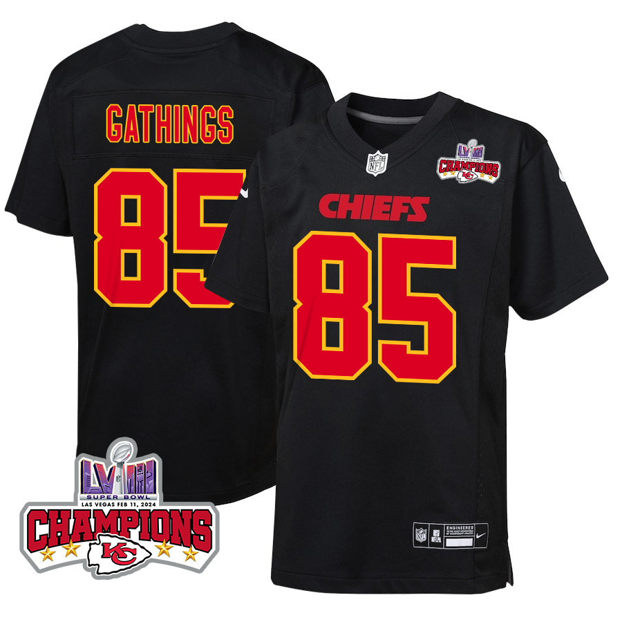 Izaiah Gathings #85 Kansas City Chiefs Super Bowl LVIII Champions 4 Stars Patch Game Jersey - Youth | Carbon Black