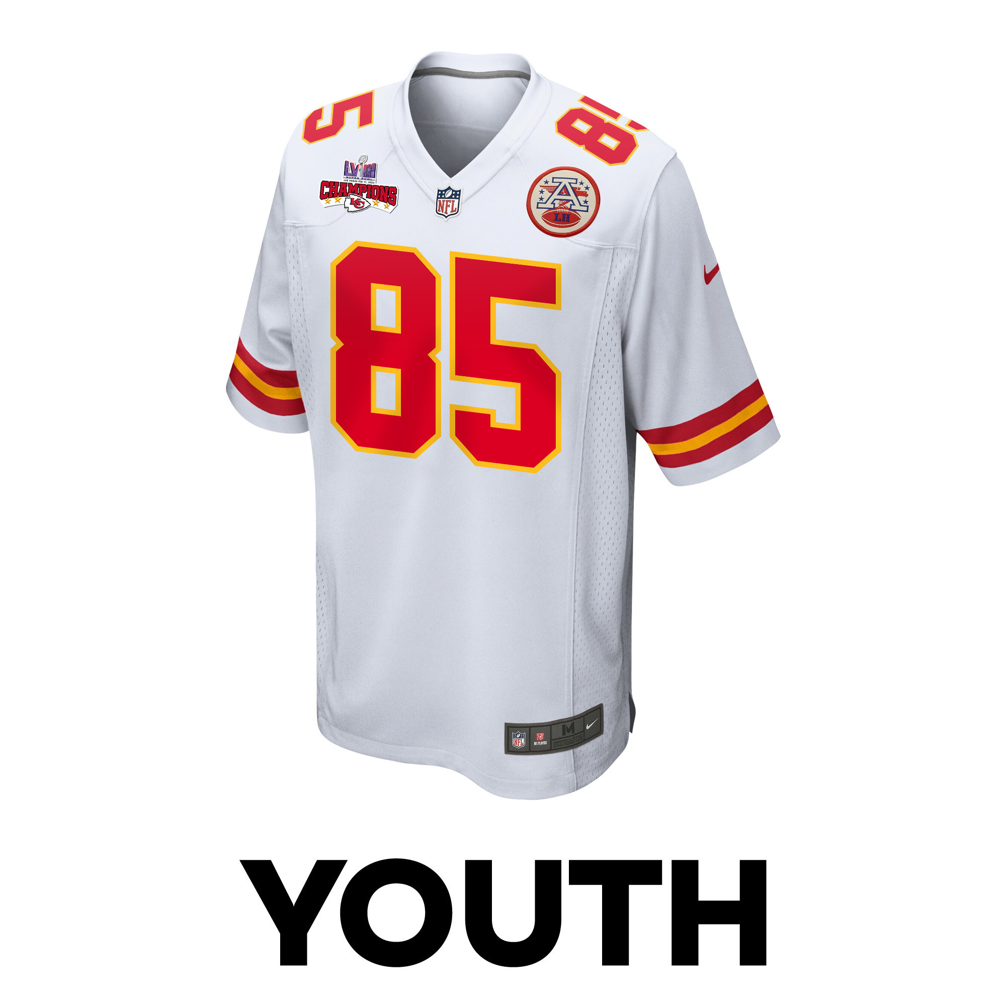 Alternative view of Izaiah Gathings #85 Kansas City Chiefs Super Bowl LVIII Champions 4 Stars Patch Game Jersey - Youth | White