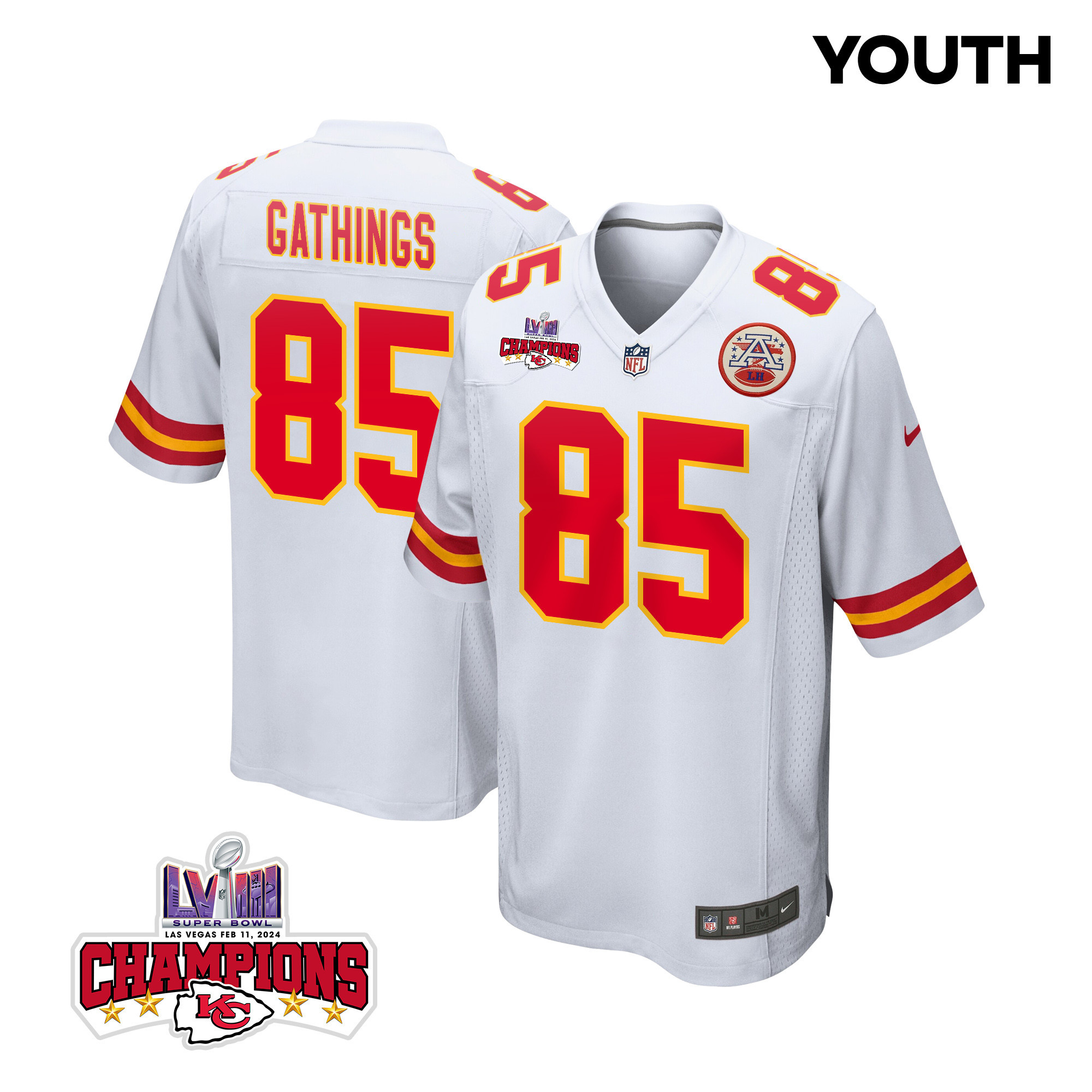 Izaiah Gathings #85 Kansas City Chiefs Super Bowl LVIII Champions 4 Stars Patch Game Jersey - Youth | White