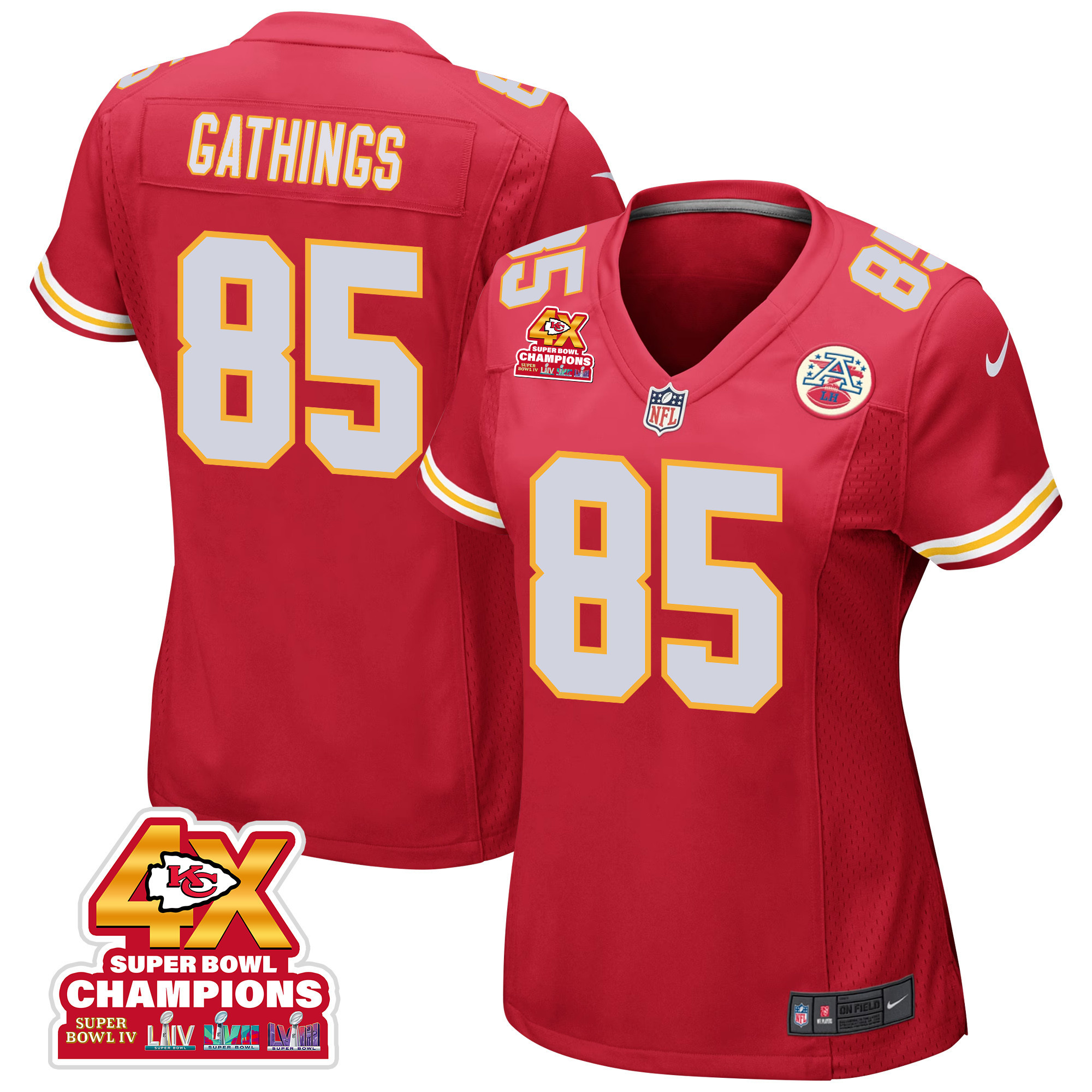 Izaiah Gathings #85 Kansas City Chiefs Super Bowl LVIII Champions 4X Game Jersey - Women's | Red
