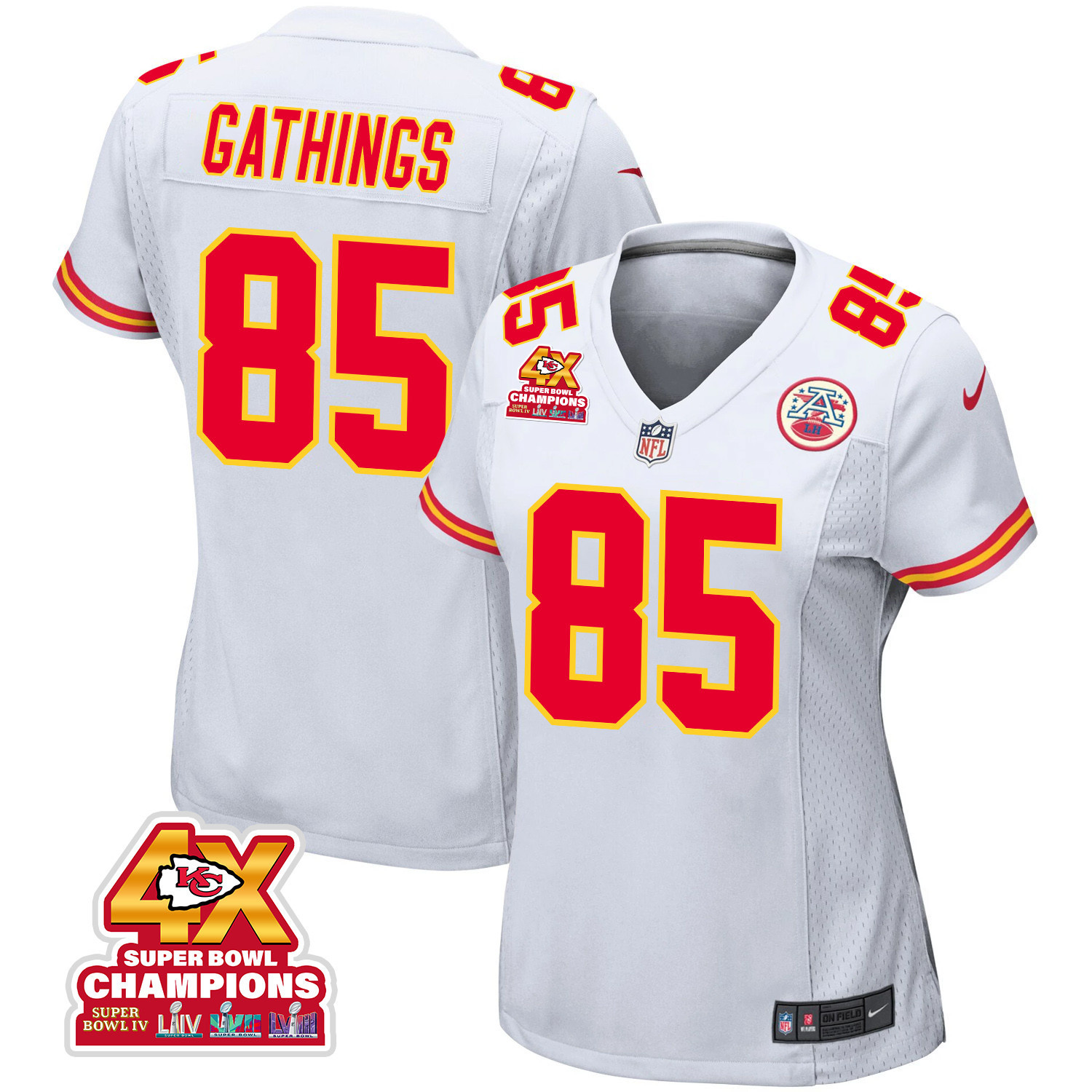 Izaiah Gathings #85 Kansas City Chiefs Super Bowl LVIII Champions 4X Game Jersey - Women's | White