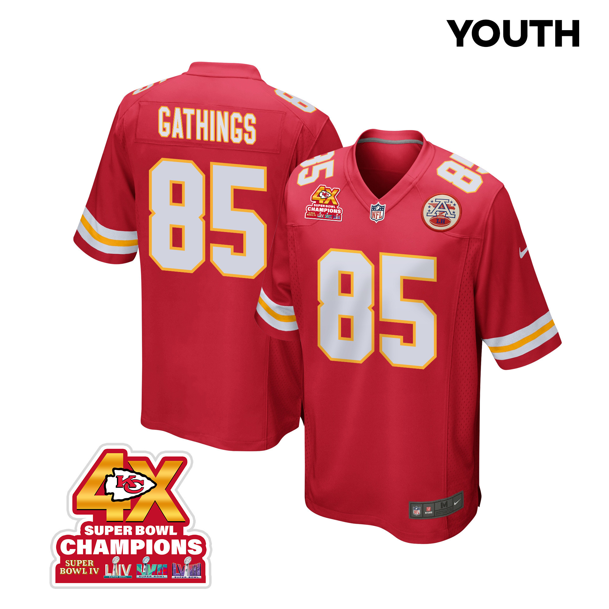 Izaiah Gathings #85 Kansas City Chiefs Super Bowl LVIII Champions 4X Game Jersey - Youth | Red