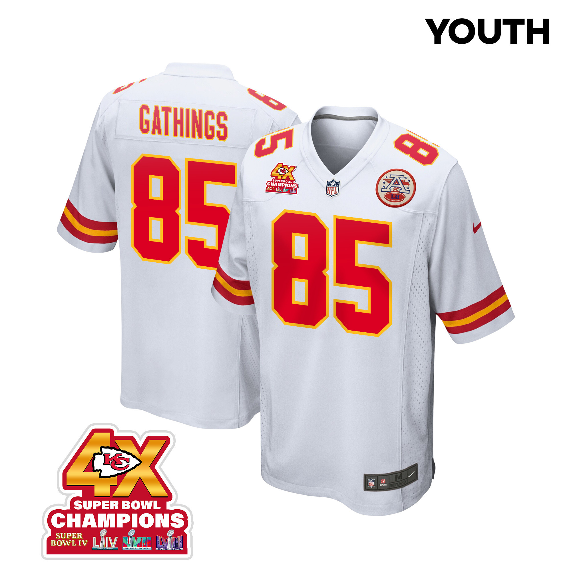 Izaiah Gathings #85 Kansas City Chiefs Super Bowl LVIII Champions 4X Game Jersey - Youth | White