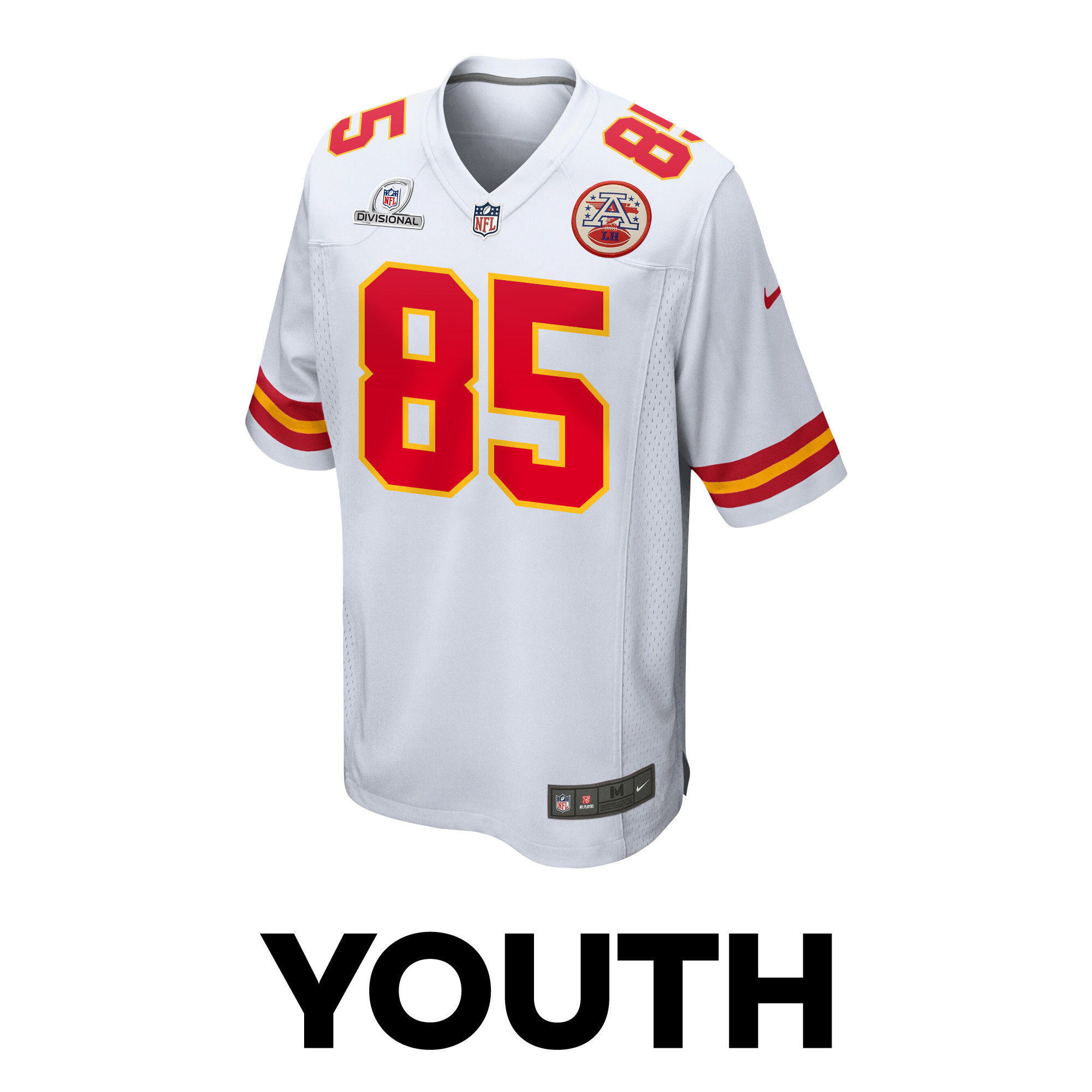 Alternative view of Izaiah Gathings #85 Kansas City Chiefs Super Bowl LVIII Patch Game Jersey - Youth | White