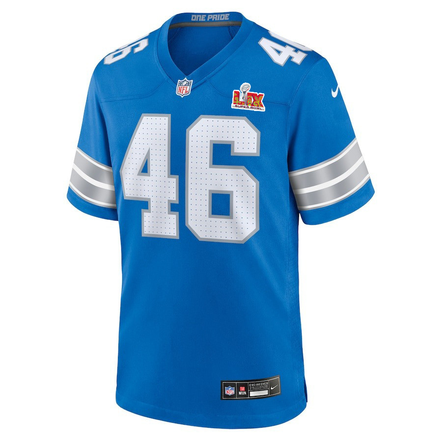 Alternative view of Jack Campbell #46 Detroit Lions Super Bowl LIX Game Jersey - Men's | Blue