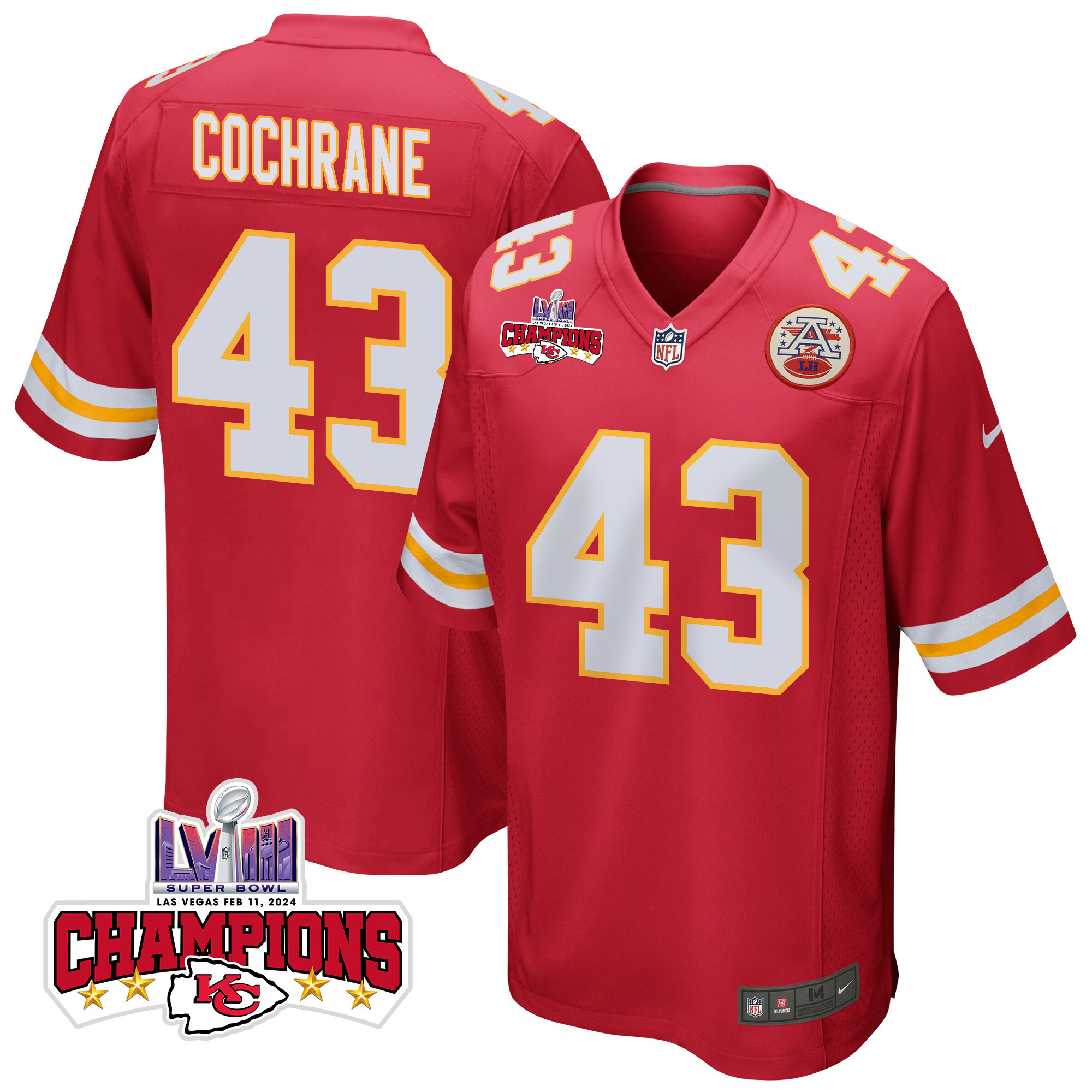 Jack Cochrane #43 Kansas City Chiefs Super Bowl LVIII Champions 4 Stars Patch Game Jersey - Men's | Red