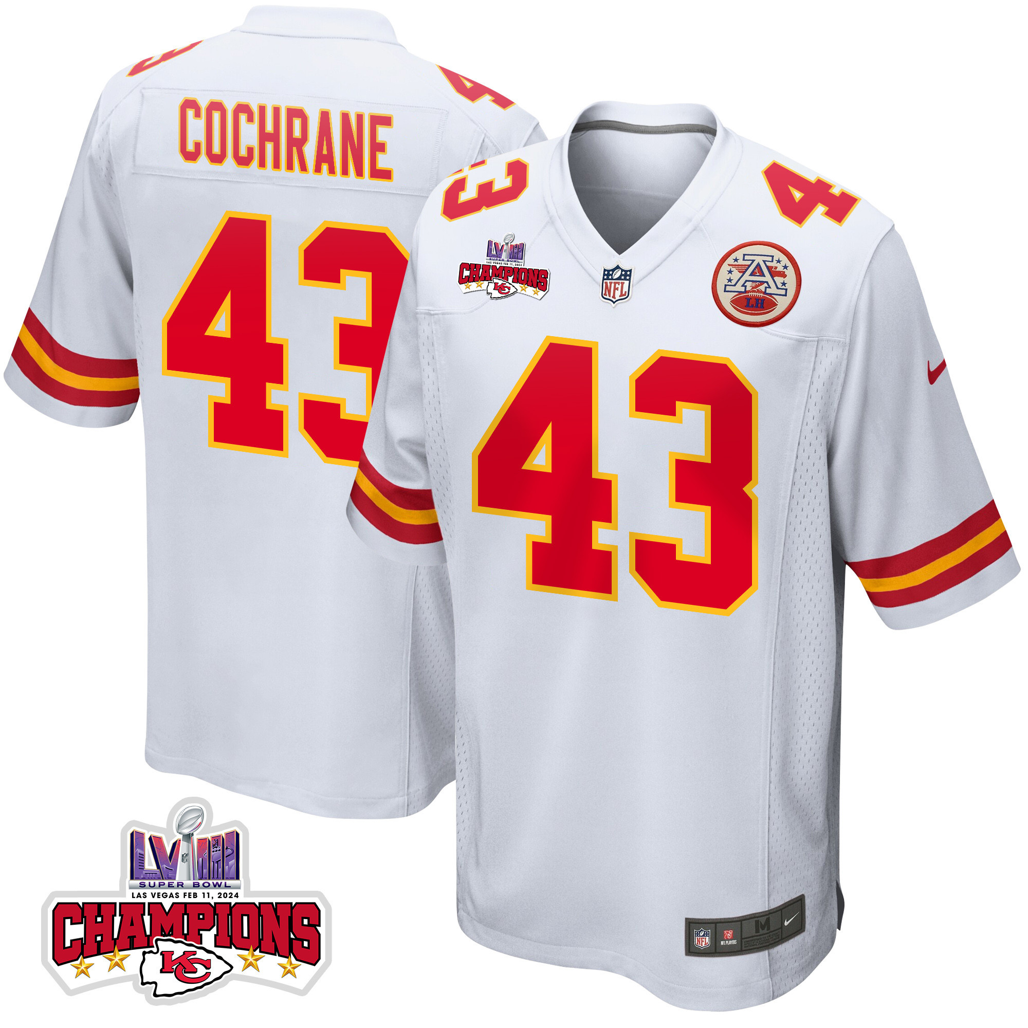 Jack Cochrane #43 Kansas City Chiefs Super Bowl LVIII Champions 4 Stars Patch Game Jersey - Men's | White