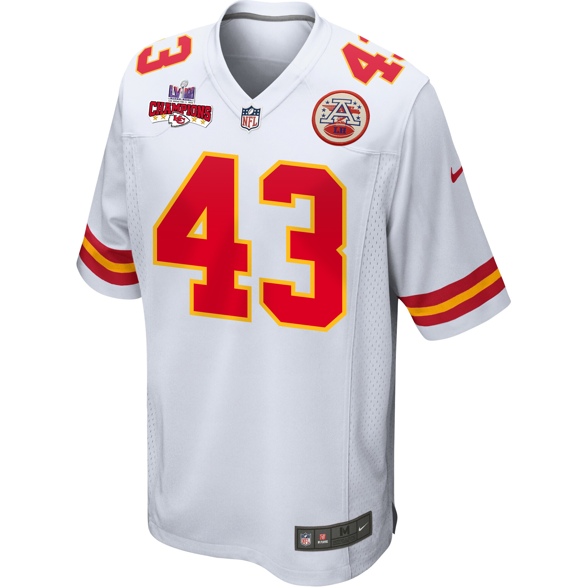 Alternative view of Jack Cochrane #43 Kansas City Chiefs Super Bowl LVIII Champions 4 Stars Patch Game Jersey - Men's | White