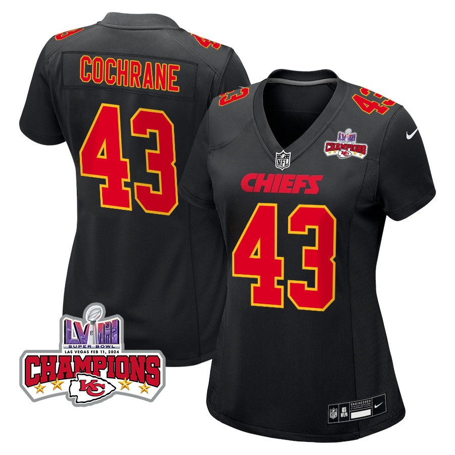 Jack Cochrane #43 Kansas City Chiefs Super Bowl LVIII Champions 4 Stars Patch Game Jersey - Women's | Carbon Black