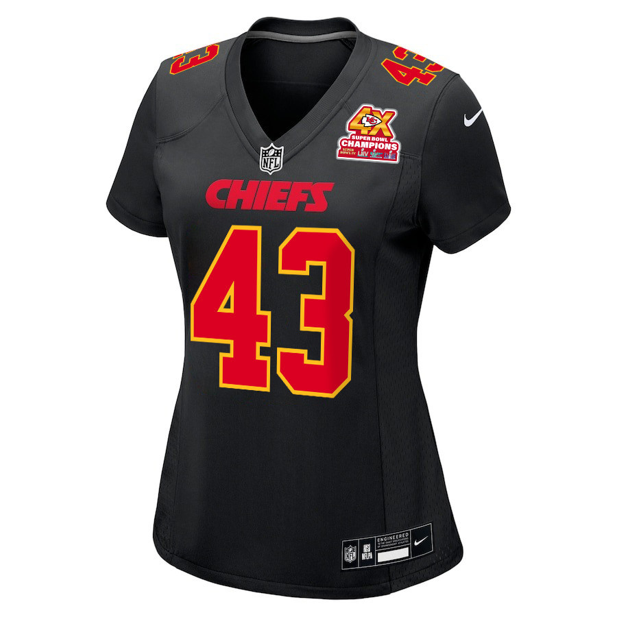 Alternative view of Jack Cochrane #43 Kansas City Chiefs Super Bowl LVIII Champions 4X Game Jersey - Women's | Carbon Black