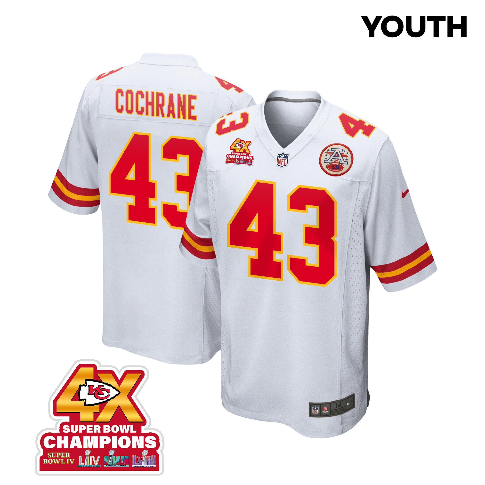 Jack Cochrane #43 Kansas City Chiefs Super Bowl LVIII Champions 4X Game Jersey - Youth | White