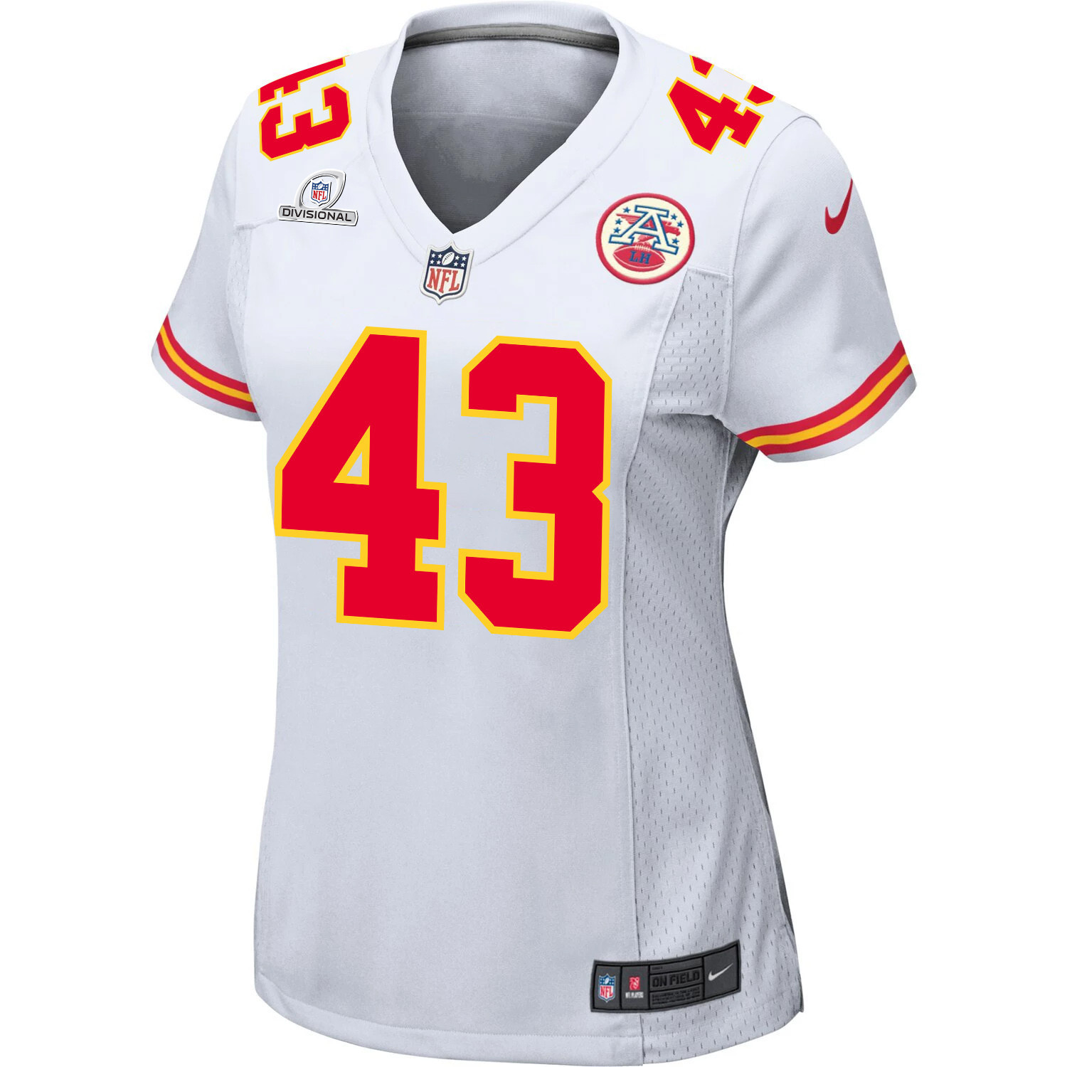 Alternative view of Jack Cochrane #43 Kansas City Chiefs Super Bowl LVIII Patch Game Jersey - Women's | White