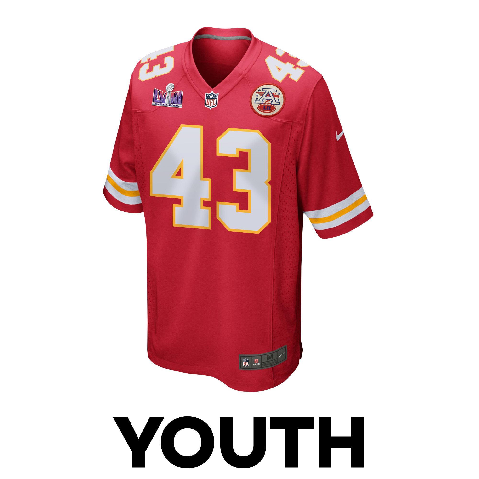 Alternative view of Jack Cochrane #43 Kansas City Chiefs Super Bowl LVIII Patch Game Jersey - Youth | Red