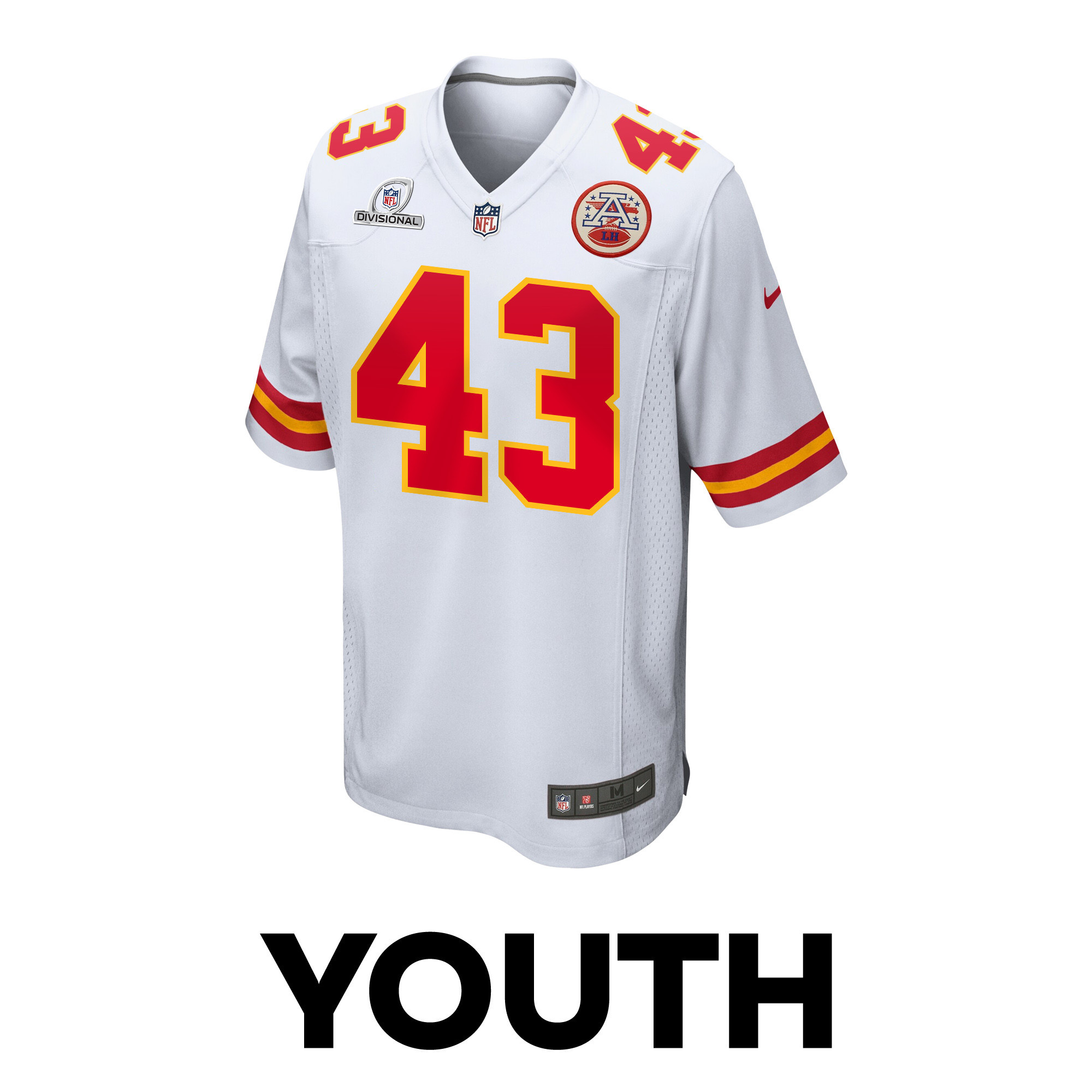 Alternative view of Jack Cochrane #43 Kansas City Chiefs Super Bowl LVIII Patch Game Jersey - Youth | White