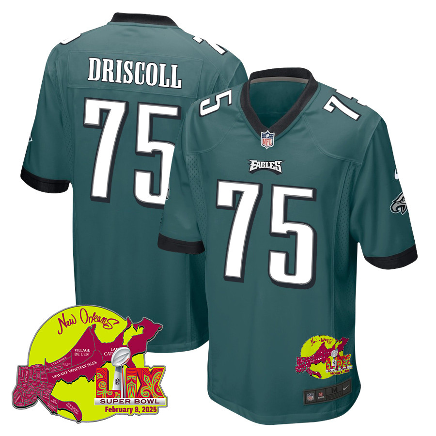 Jack Driscoll #75 Philadelphia Eagles Super Bowl LIX Game Jersey - Men's | Midnight Green