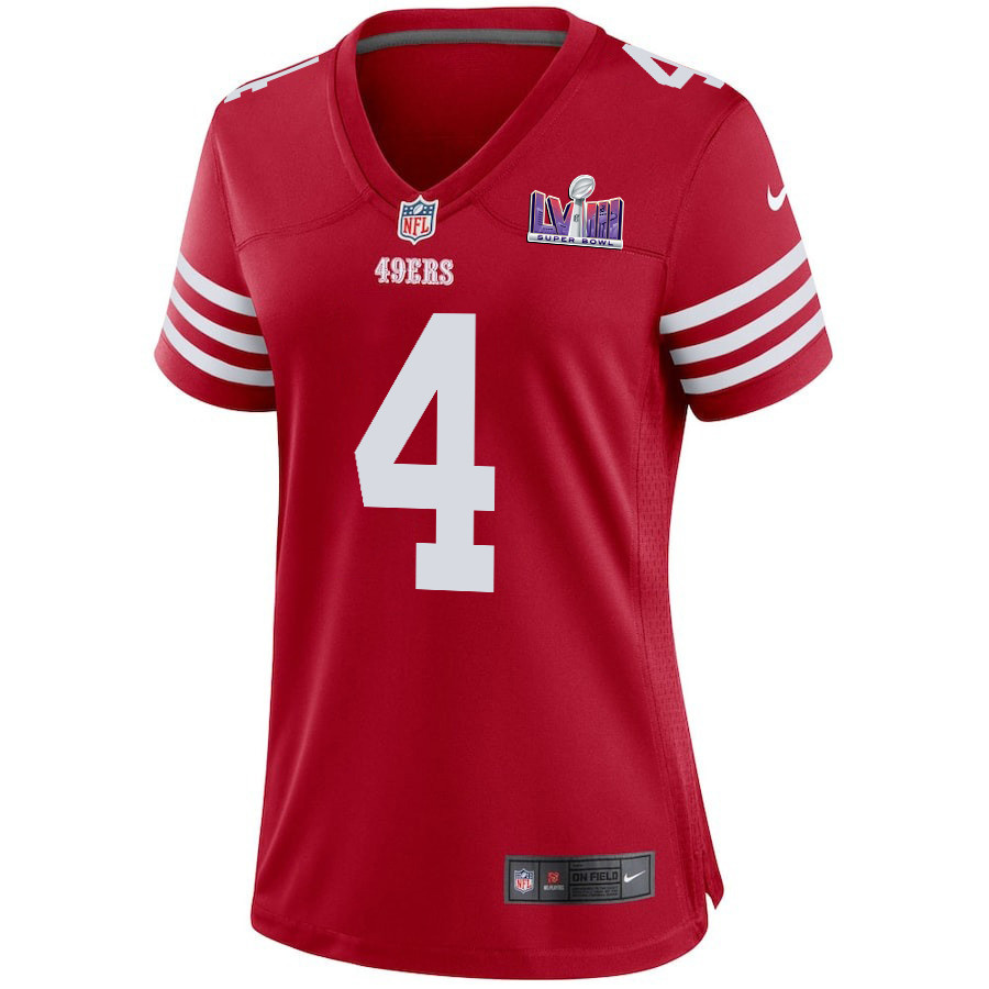 Alternative view of Jake Moody #4 San Francisco 49ers Super Bowl LVIII Patch Game Jersey - Women's | Scarlet