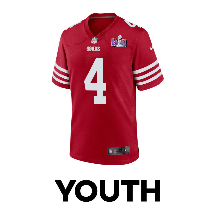 Alternative view of Jake Moody #4 San Francisco 49ers Super Bowl LVIII Patch Game Jersey - Youth | Scarlet