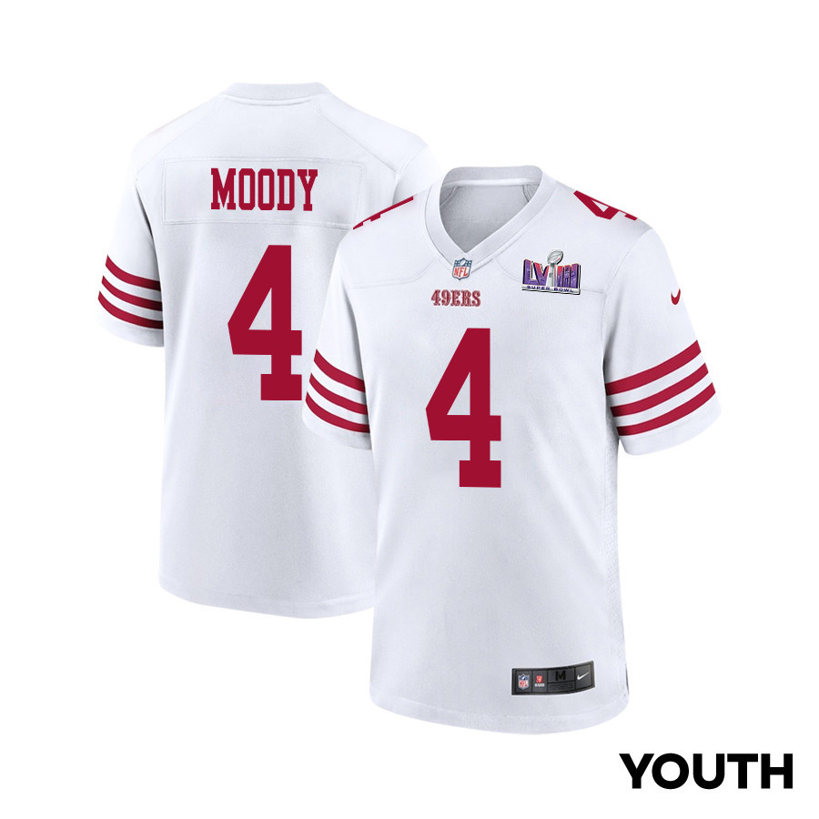 Jake Moody #4 San Francisco 49ers Super Bowl LVIII Patch Game Jersey - Youth | White